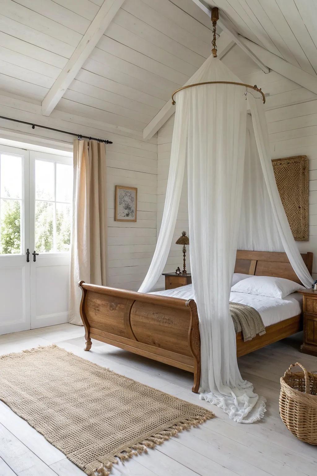 Ceiling-mounted linen canopy makes a sleigh bed feel taller, lighter, and beautifully romantic.