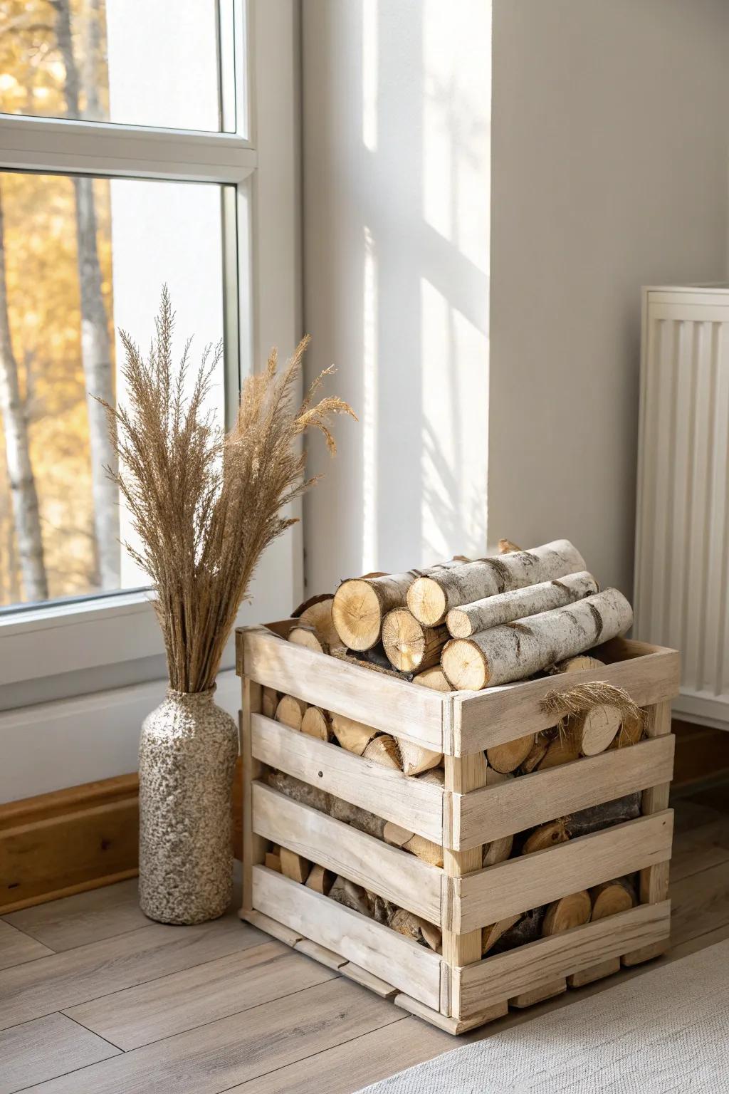 A mini birch “firewood” stack in a reclaimed crate—instant hygge warmth without a fireplace.