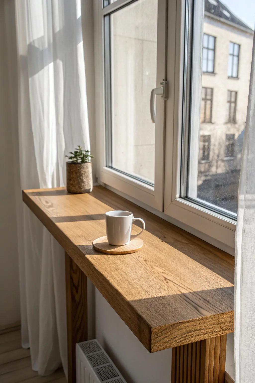 A sunny window-ledge table in pale oak—your sweetest little perch for coffee and toast.