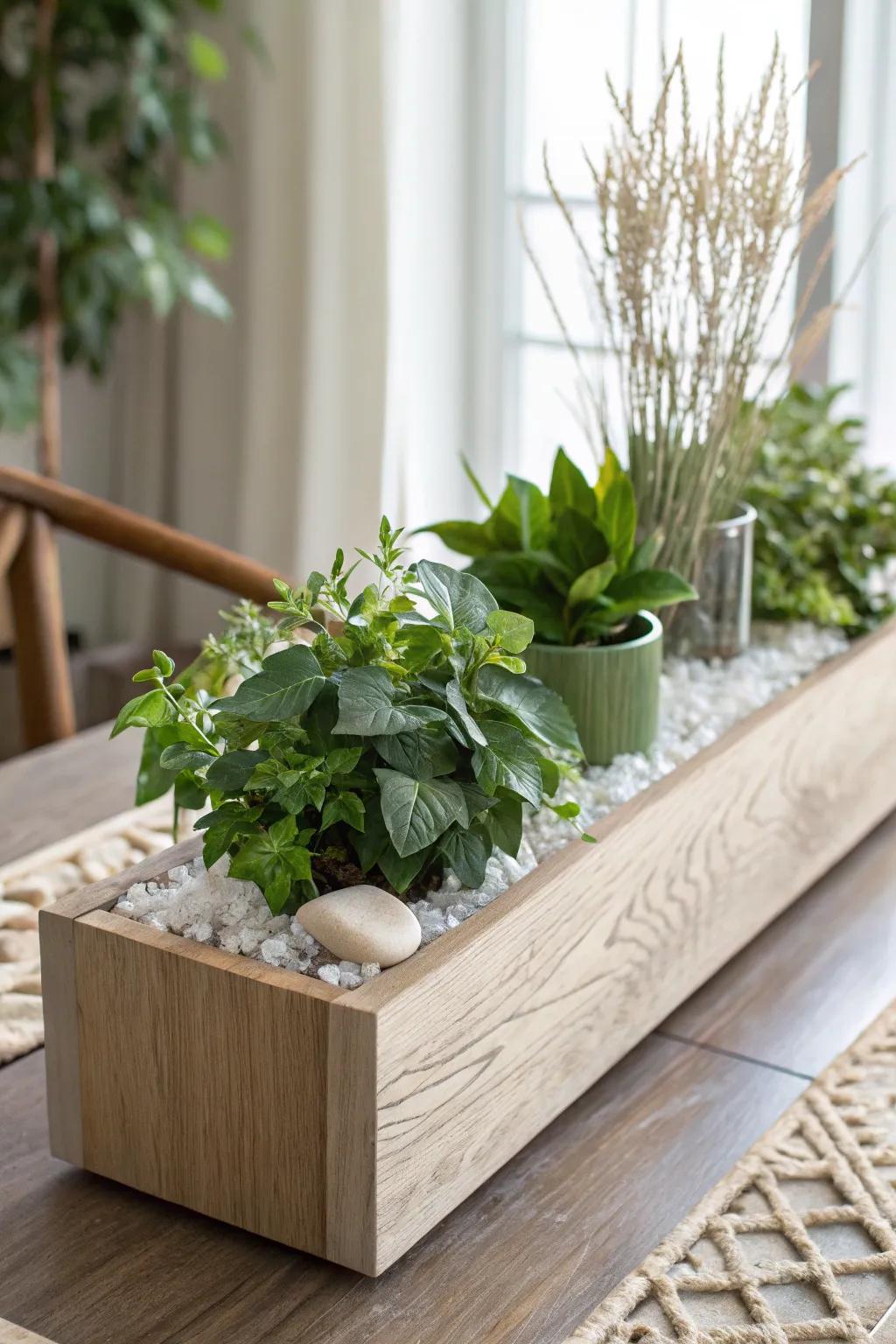 Clear resin inlays turn a simple indoor plant box into a refined, gallery-worthy centerpiece.
