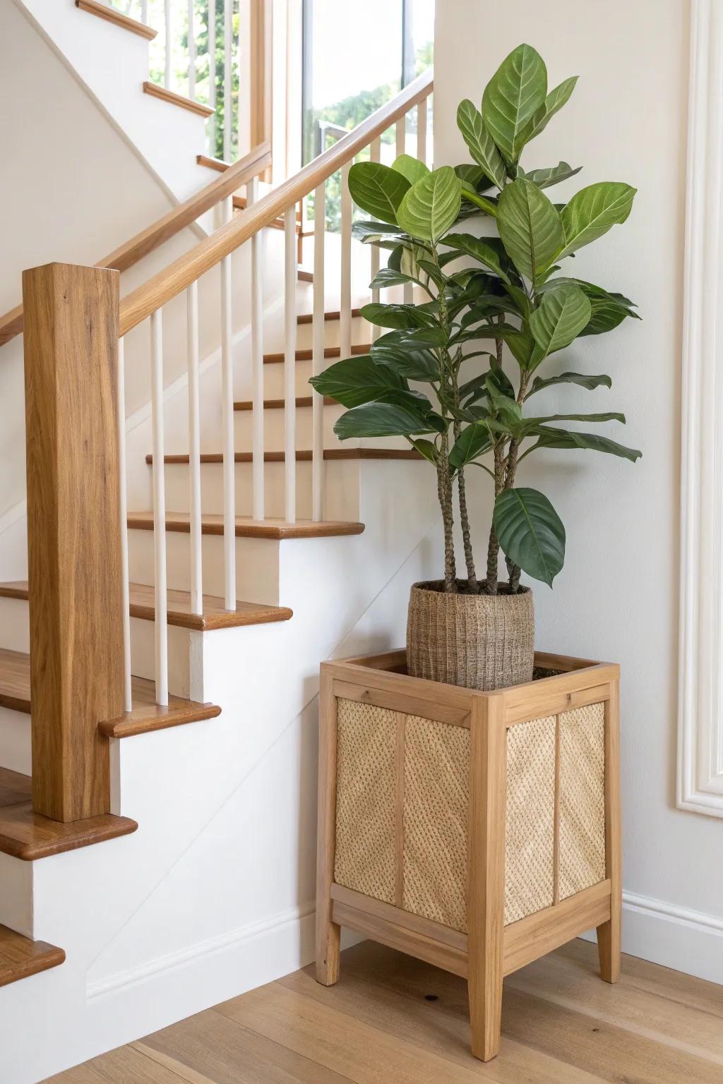 Stair-landing statement planter: tall, tapered wood craftsmanship with fresh greenery and calm contrast.