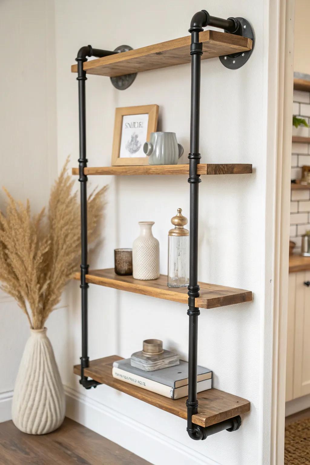 Industrial pipe shelves with glass inserts—rugged black steel, airy minimal style, crafted to glow.