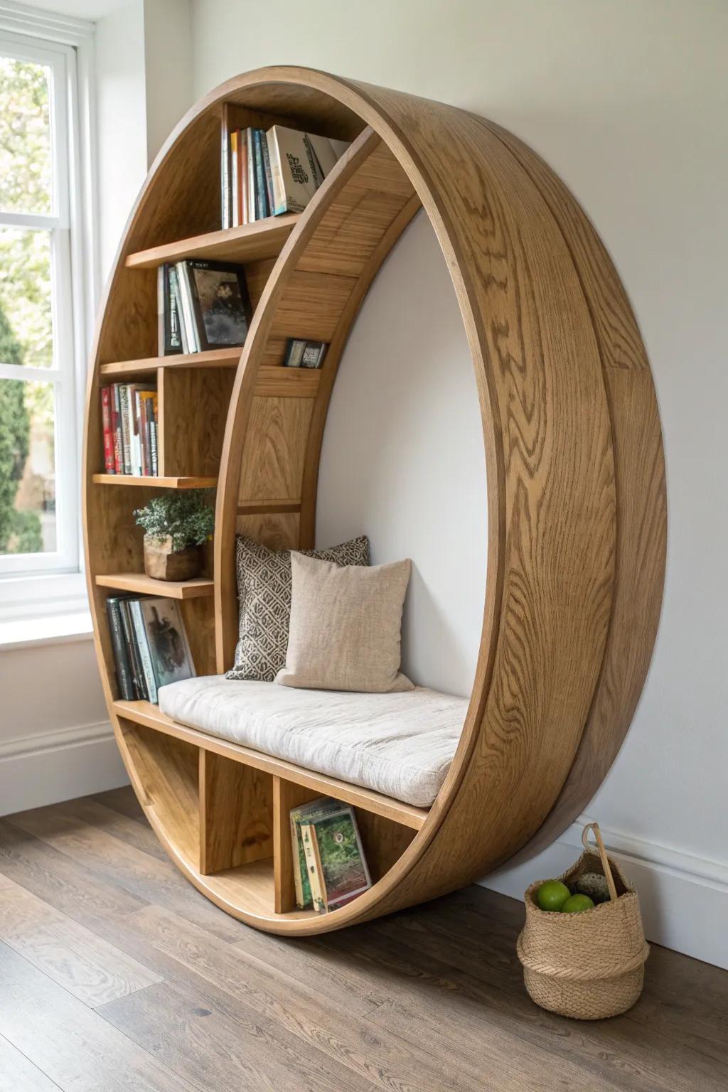 A circular bookshelf with a built-in seat—one sculptural piece that becomes a cozy reading nook.