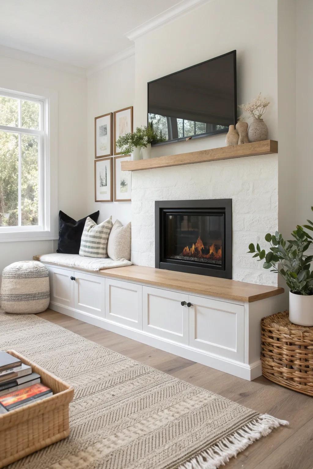 A seamless inset fireplace with a hidden drawer bench—beautiful storage for blankets and games.