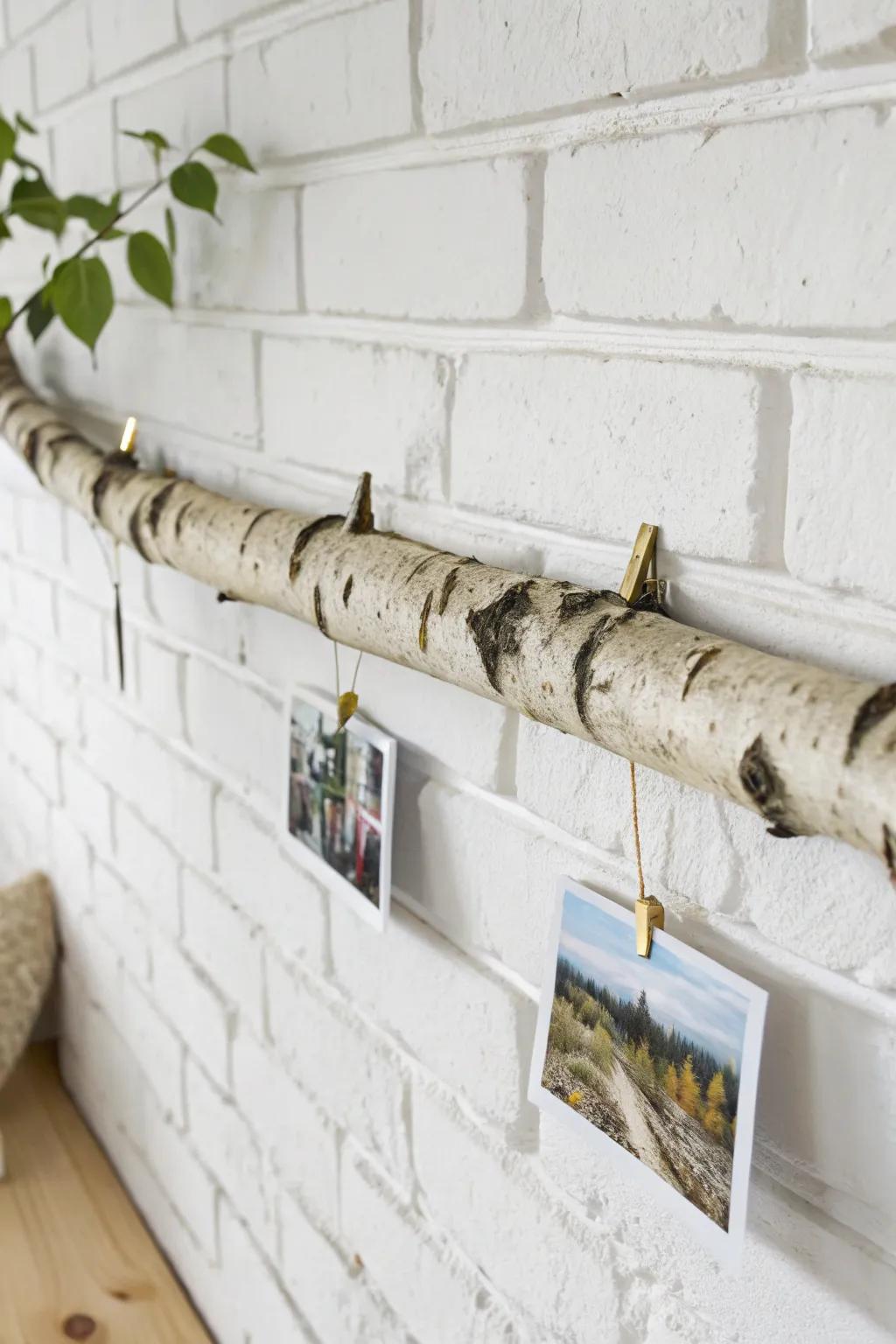A floating birch branch ledge adds natural texture—perfect for postcards and minimal frames.