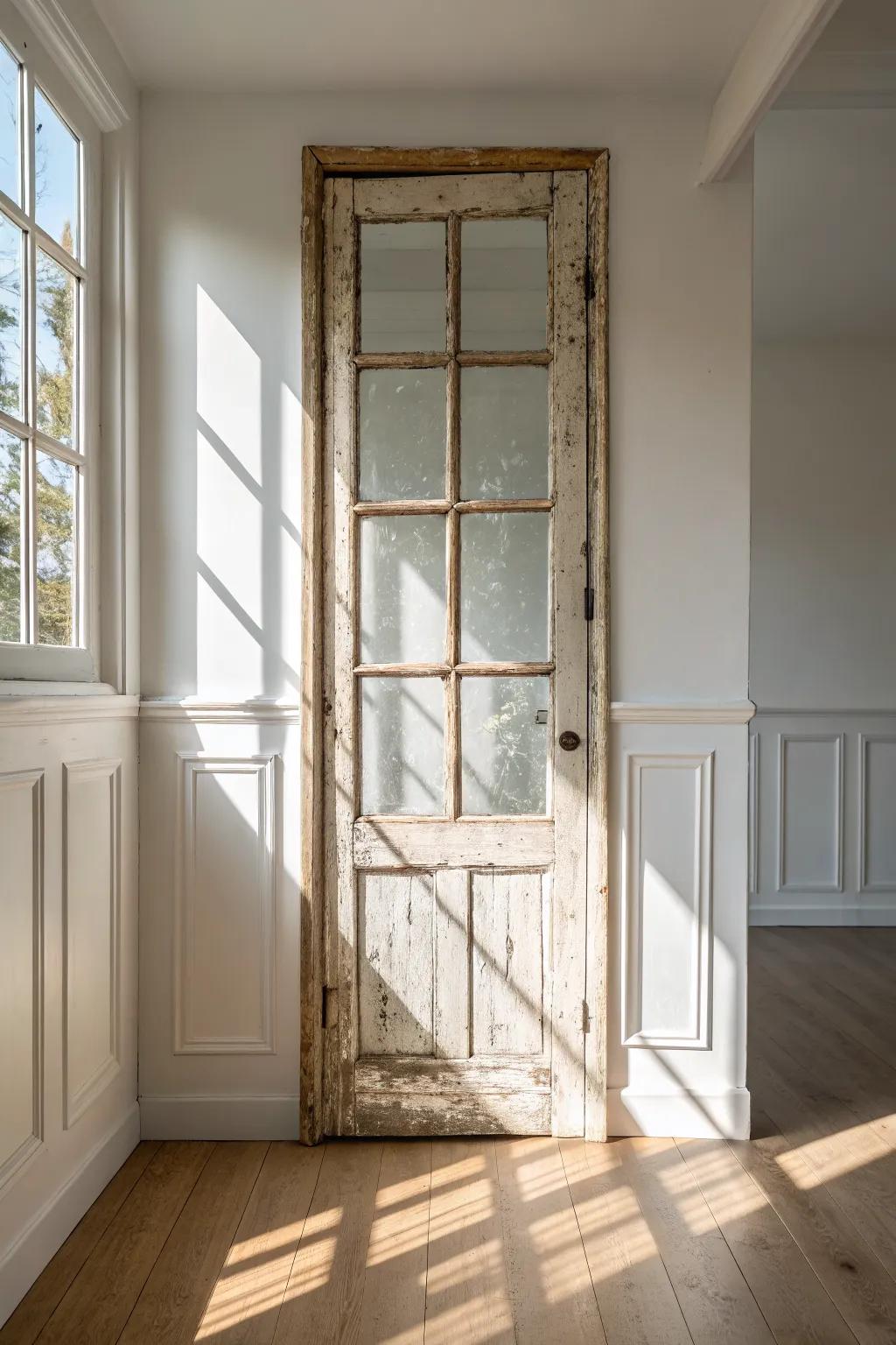 Wavy-glass reclaimed French door makeover—sunlit charm with minimalist Scandinavian calm.