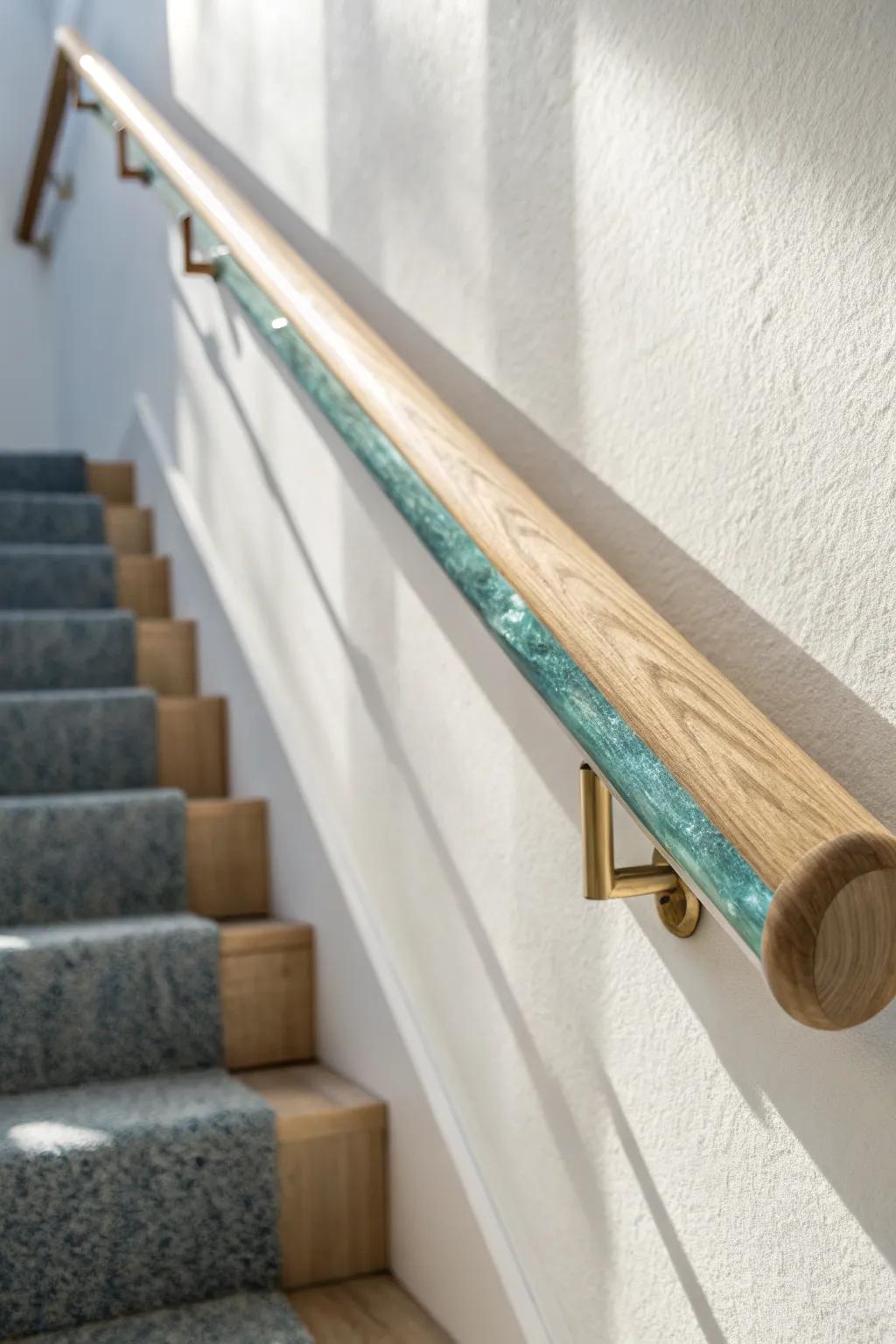 Light oak handrail with a shimmering resin “river” inlay—clean lines, cozy craft, big wow.