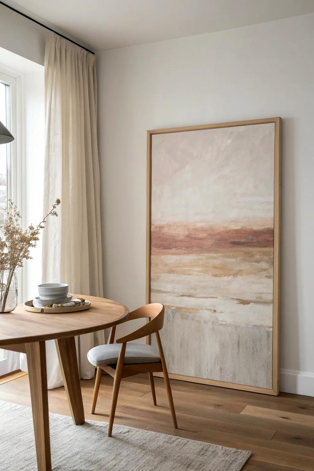 One oversized neutral abstract print brings calm Japandi balance to the dining room.