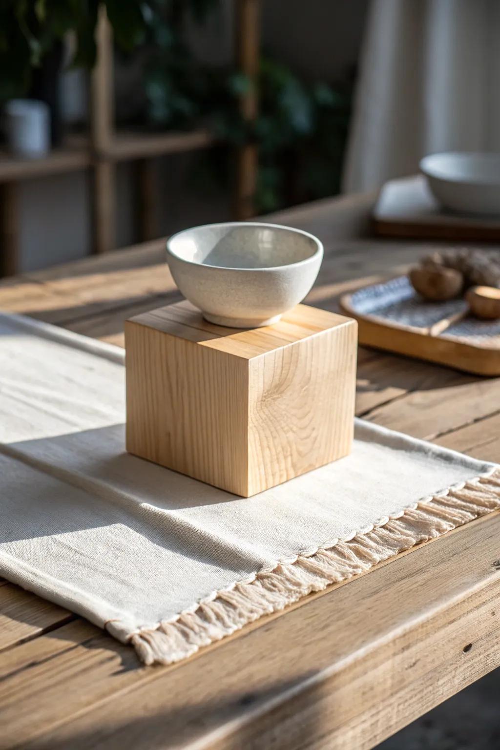 Tiny wooden riser, big impact—add gentle height for a curated Japanese table setting.