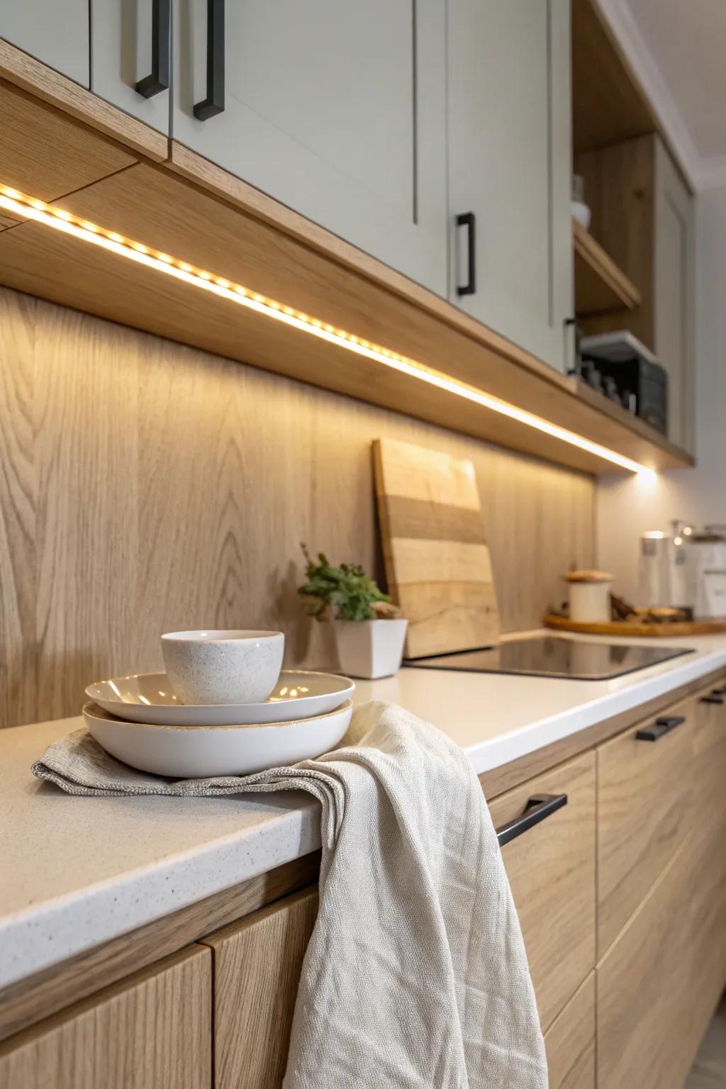 Warm under-shelf lighting + outlet strip keeps your baking zone bright and cords tidy.