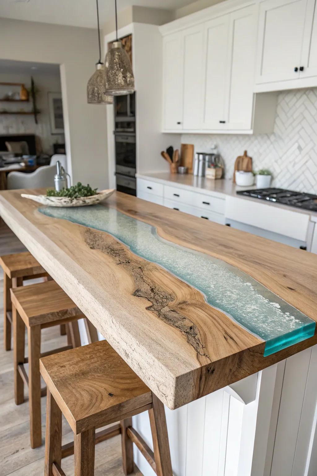 A minimalist bar top with a resin “river” inlay—warm wood grain meets modern glow.