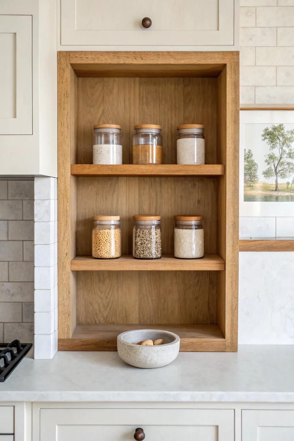 A recessed spice niche beside the range—matching jars turn storage into a custom backsplash moment.