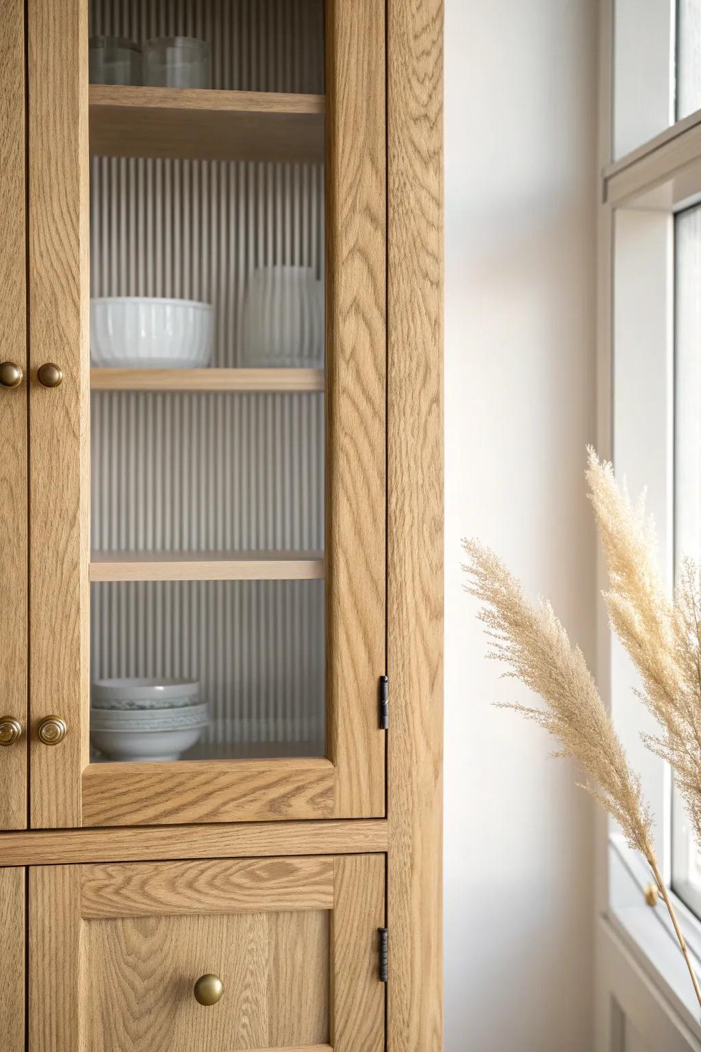 Fluted cabinet glass adds a soft display look—pretty, practical, and forgiving in real life.