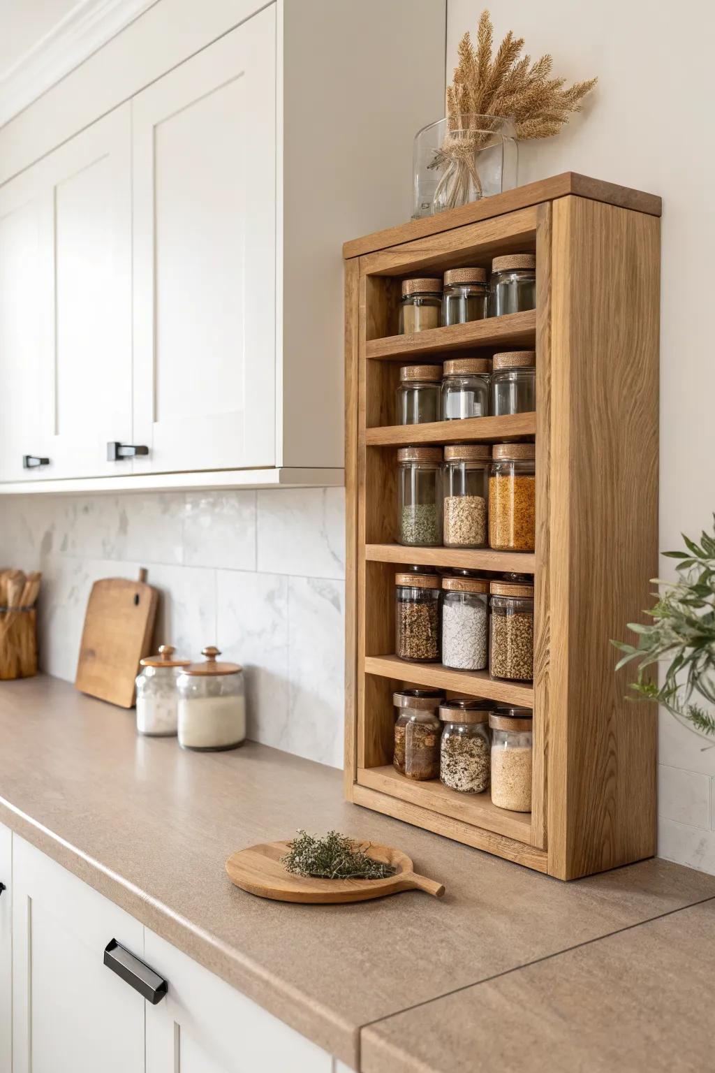 Turn an exposed cabinet end into a slim oak spice cubby—small-space storage, beautifully.