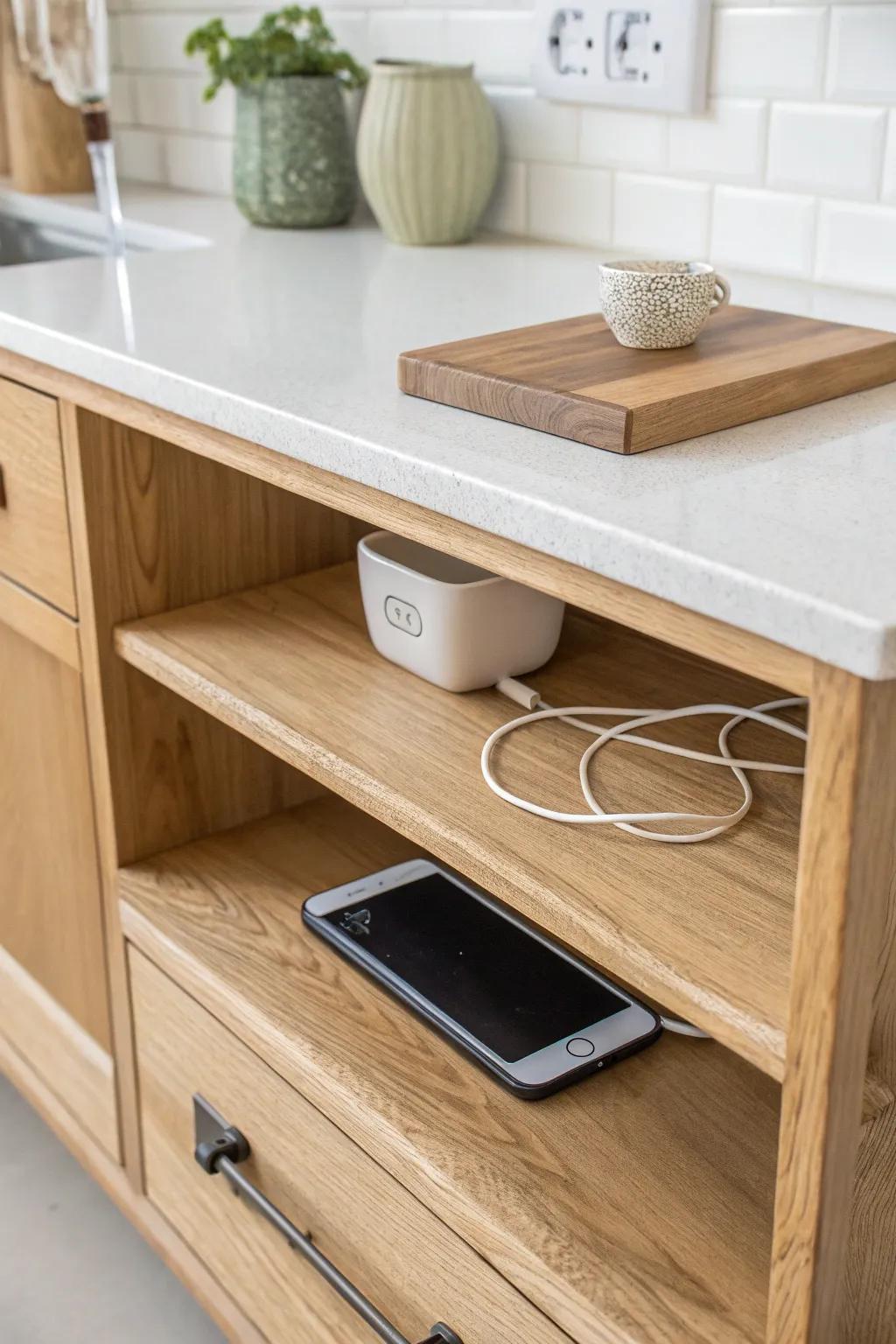 A hidden-charging counter shelf that keeps cords out of sight and your kitchen calm.