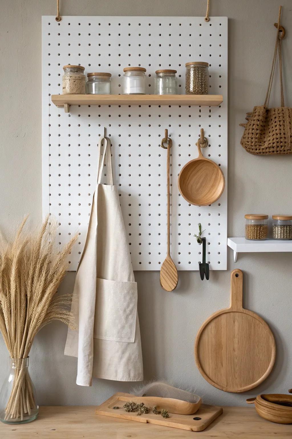 A warm oak-framed pegboard turns everyday utensils into a calm, curated kitchen display.
