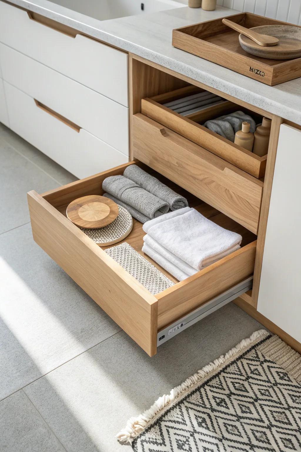A hidden toe-kick drawer—sleek, seamless storage for trays, placemats, and parchment.