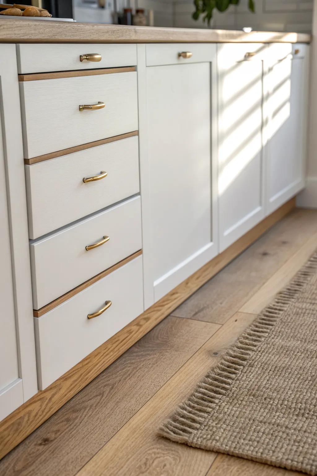 A matching floor-plank toe-kick makes cabinets look custom, seamless, and beautifully finished.
