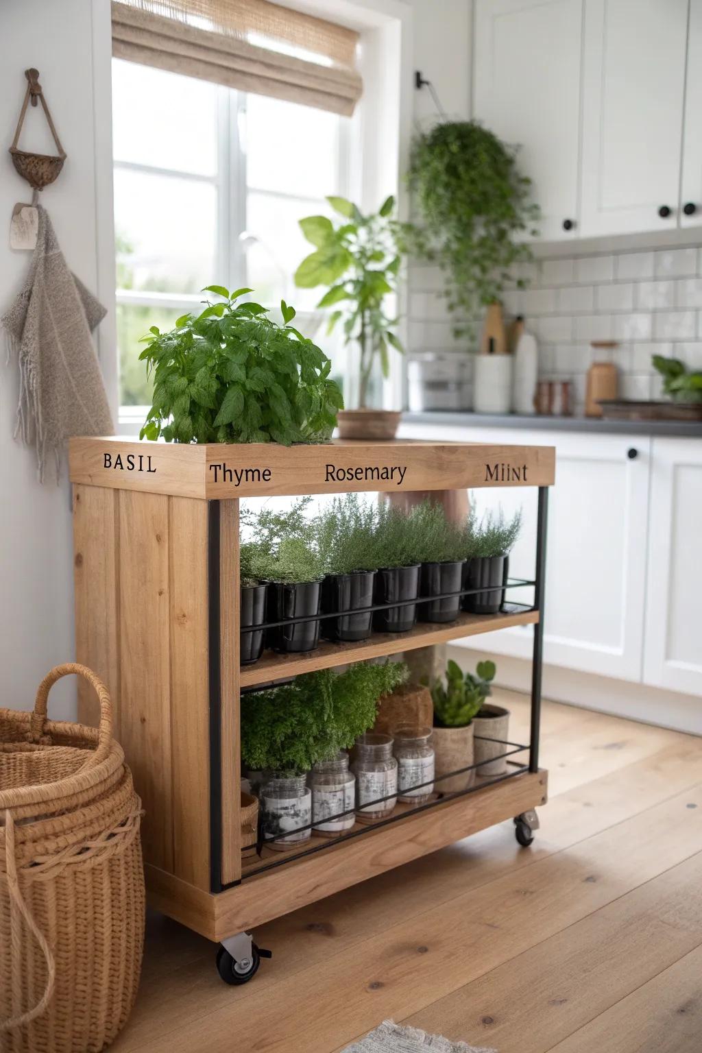 A rolling island end panel becomes a fresh vertical herb garden—beautiful, practical, alive.