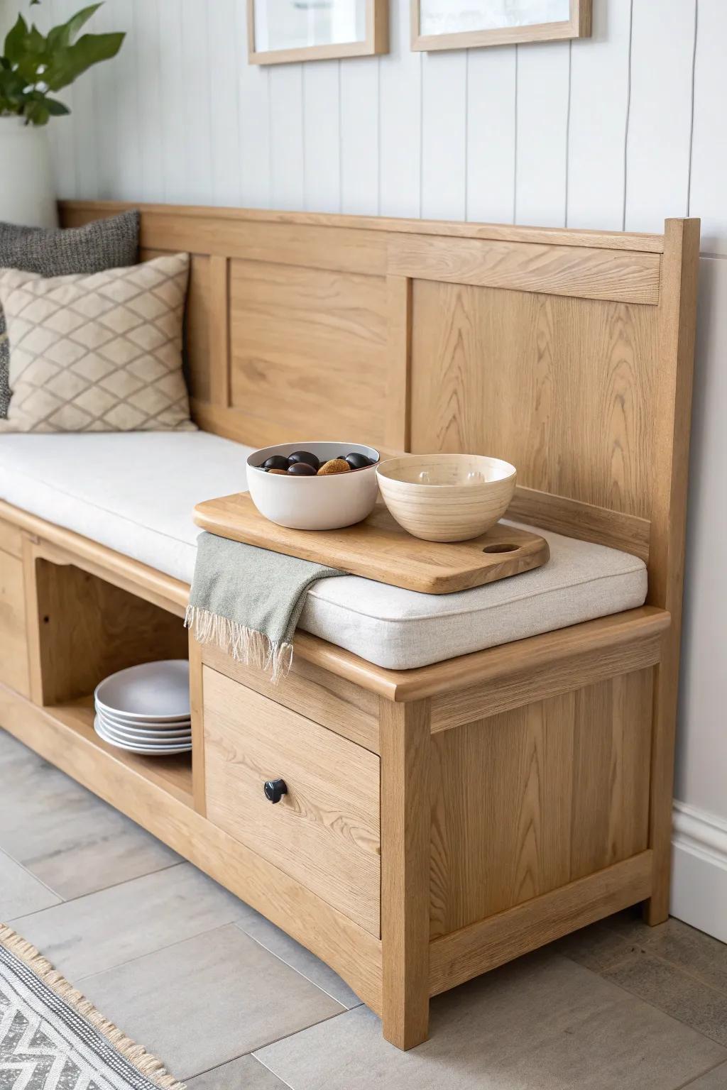 A cozy nook bench with a hidden charger drawer and pet bowl cubby—clean, calm, and clever.