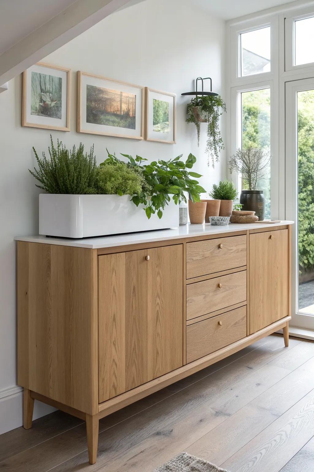 A built-in herb trough turns a sleek sideboard into a fresh, functional mini garden.