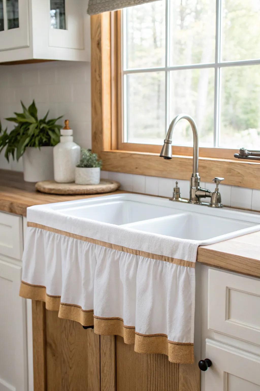 Two-tone wood valance: painted face with a stained edge band for a crisp, crafted finish.