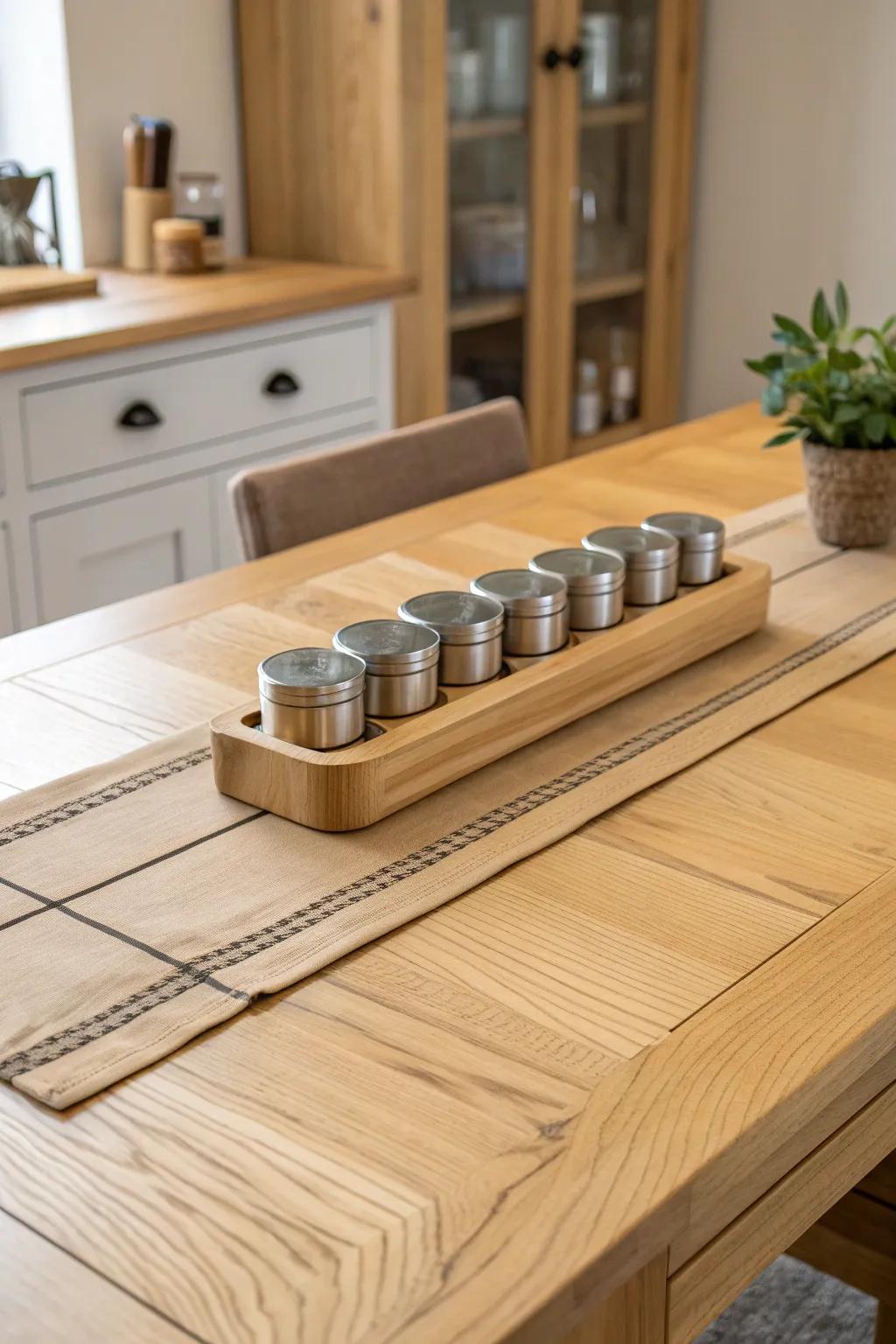 A sleek magnetic wood runner that makes spice tins float—minimal, warm, and conversation-ready.