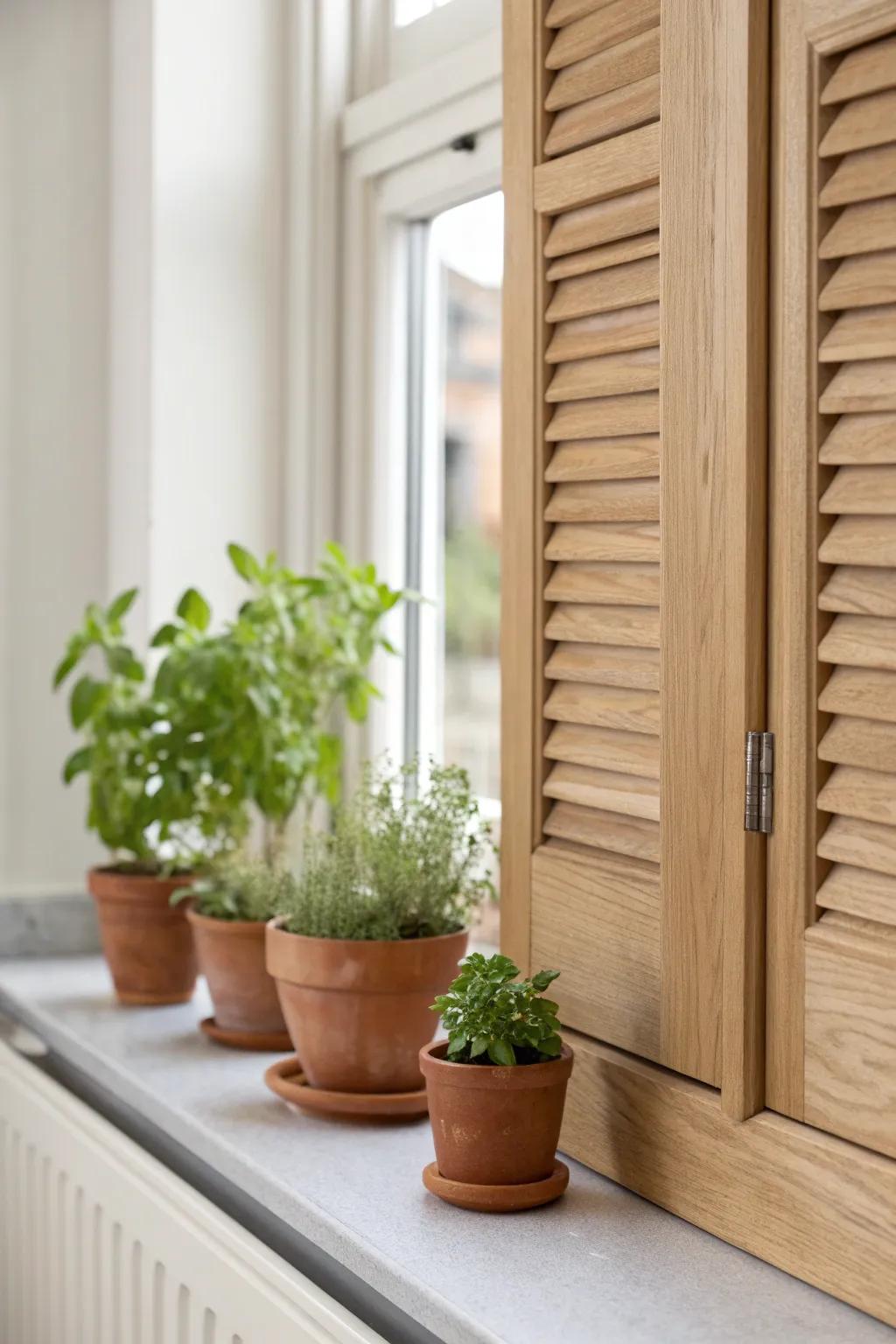 A slim herb ledge built into wooden shutters turns your kitchen window into a mini garden.