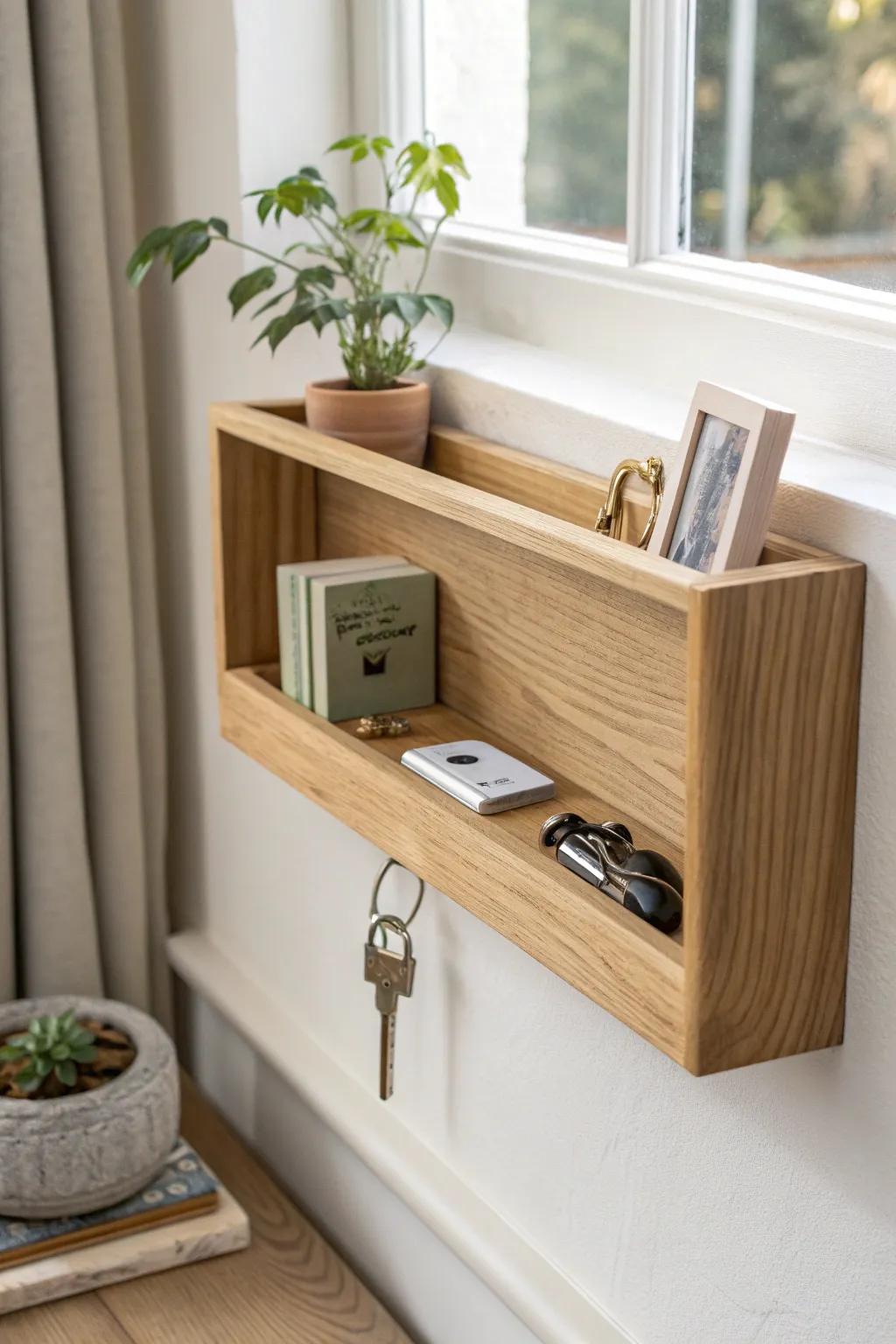 A secret magnetic knick knack shelf—tiny metal treasures “float” on a sleek oak ledge.