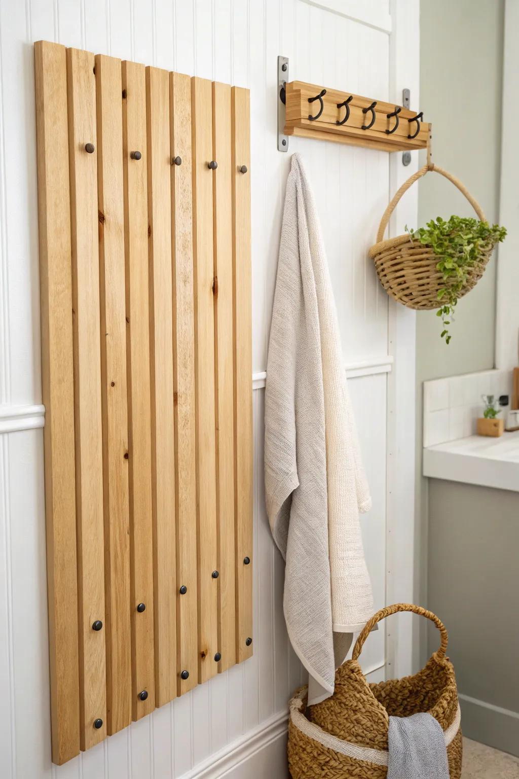 Knotty pine slat wall with pegs—beautiful, space-saving storage for towels and baskets.