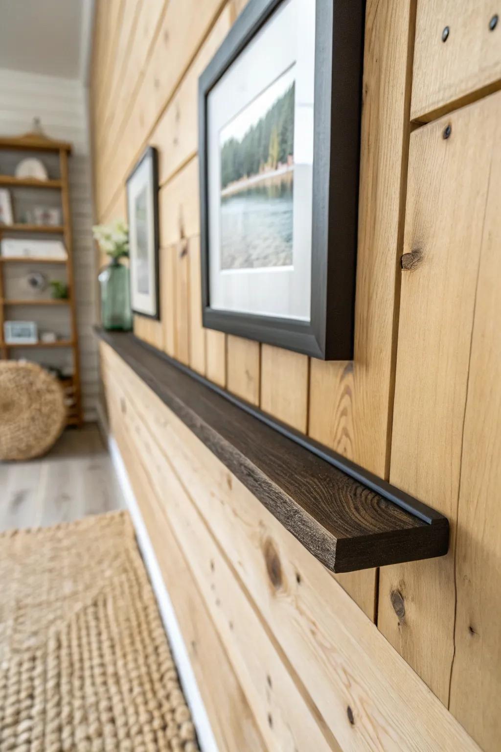 A slim picture ledge on knotty pine keeps walls clean—swap frames anytime, no extra holes.