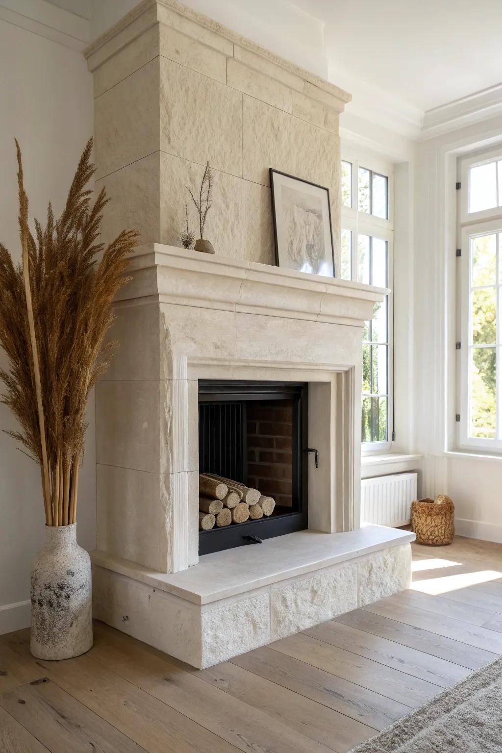Waterfall stone wrap makes this L-shaped fireplace feel seamlessly carved from one slab.