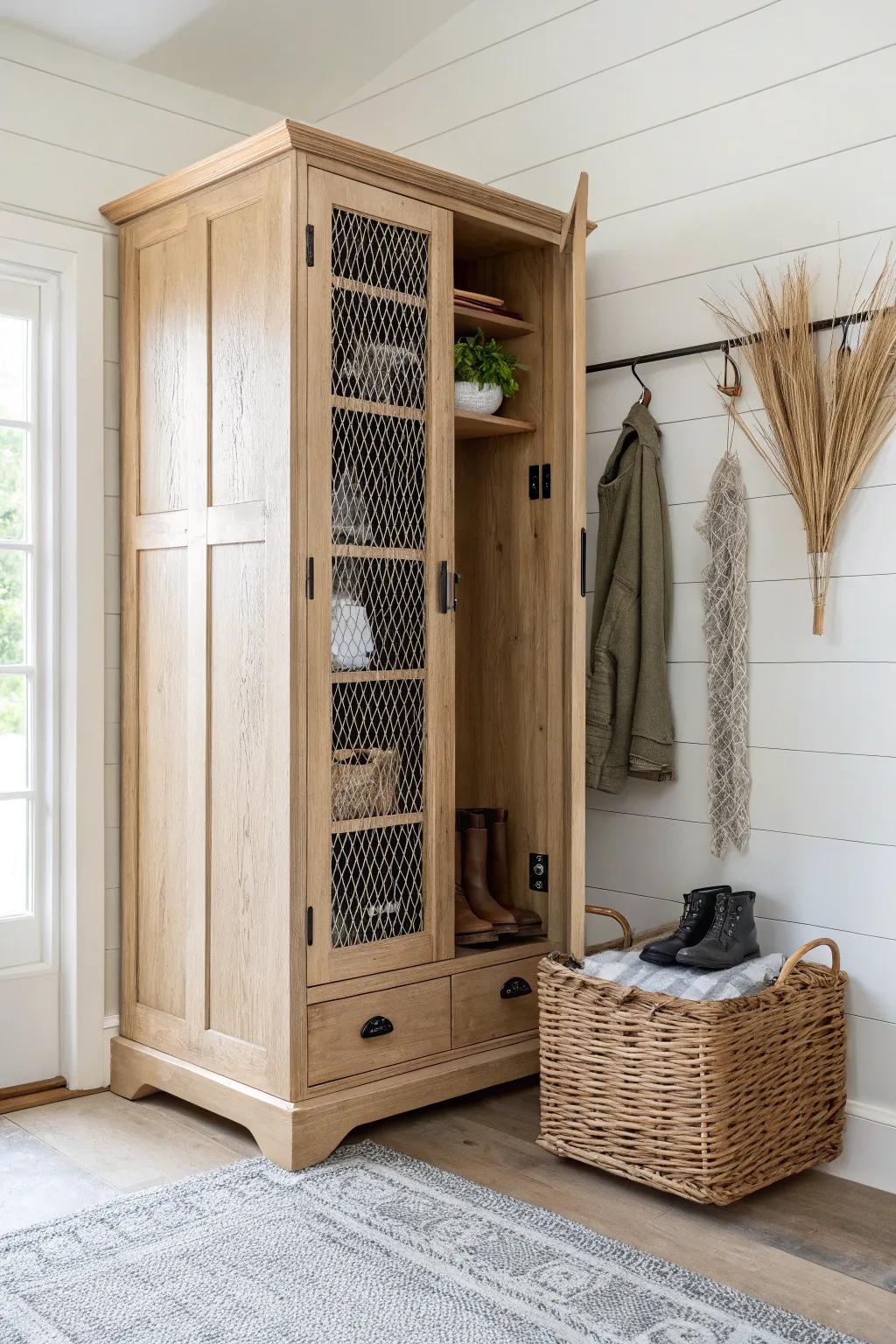 Wire-mesh cabinet doors let boots breathe—practical ventilation with a soft industrial edge.