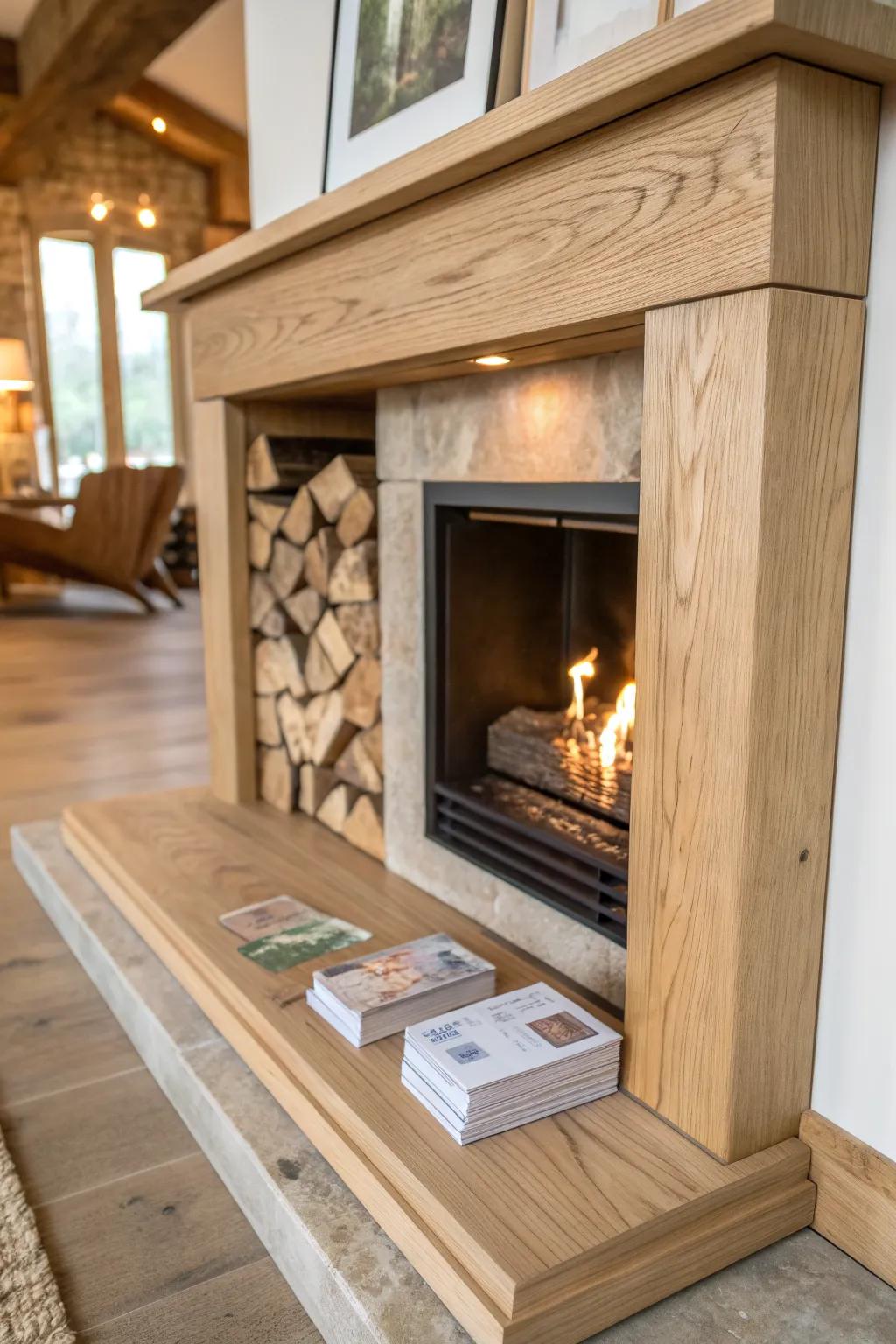 A chunky mantel with a secret lift-top hides kindling and game-night essentials in style.
