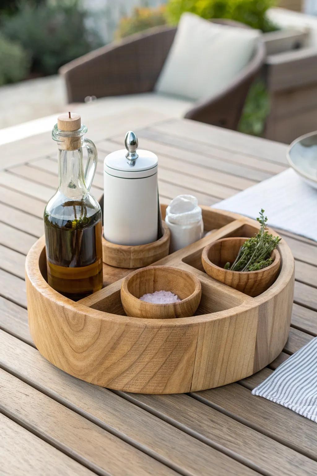 A patio-ready lazy Susan with a drainage base and tall rim—beautiful, breezy-proof serving.