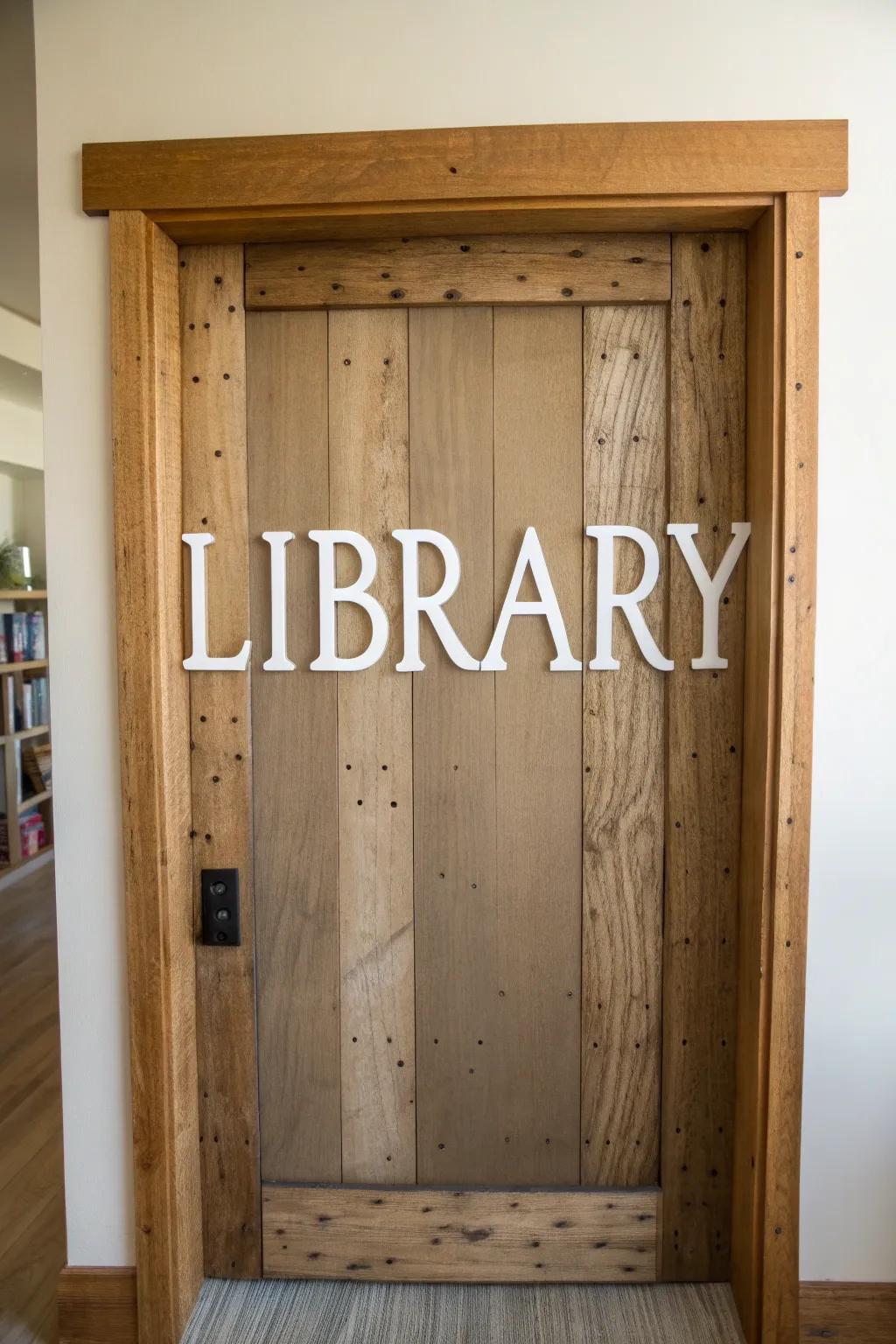 Reclaimed wood trim frames a door, making bold “Library” letters pop with rustic charm.
