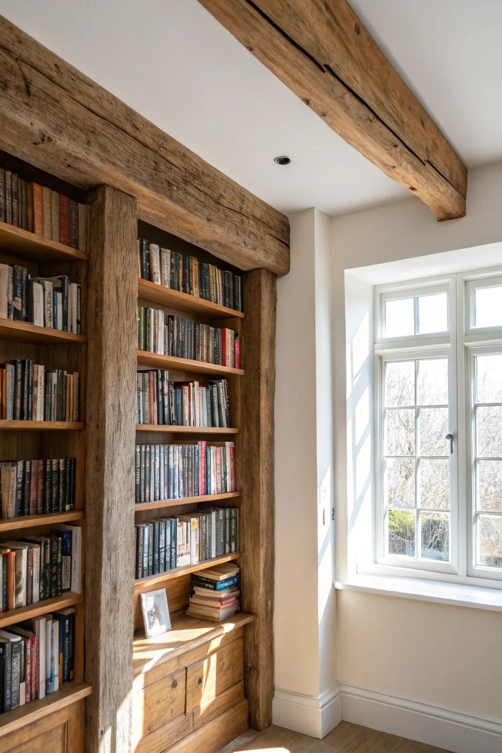 Reclaimed beam crown molding adds farmhouse warmth—dings and saw marks make it feel lived-in.