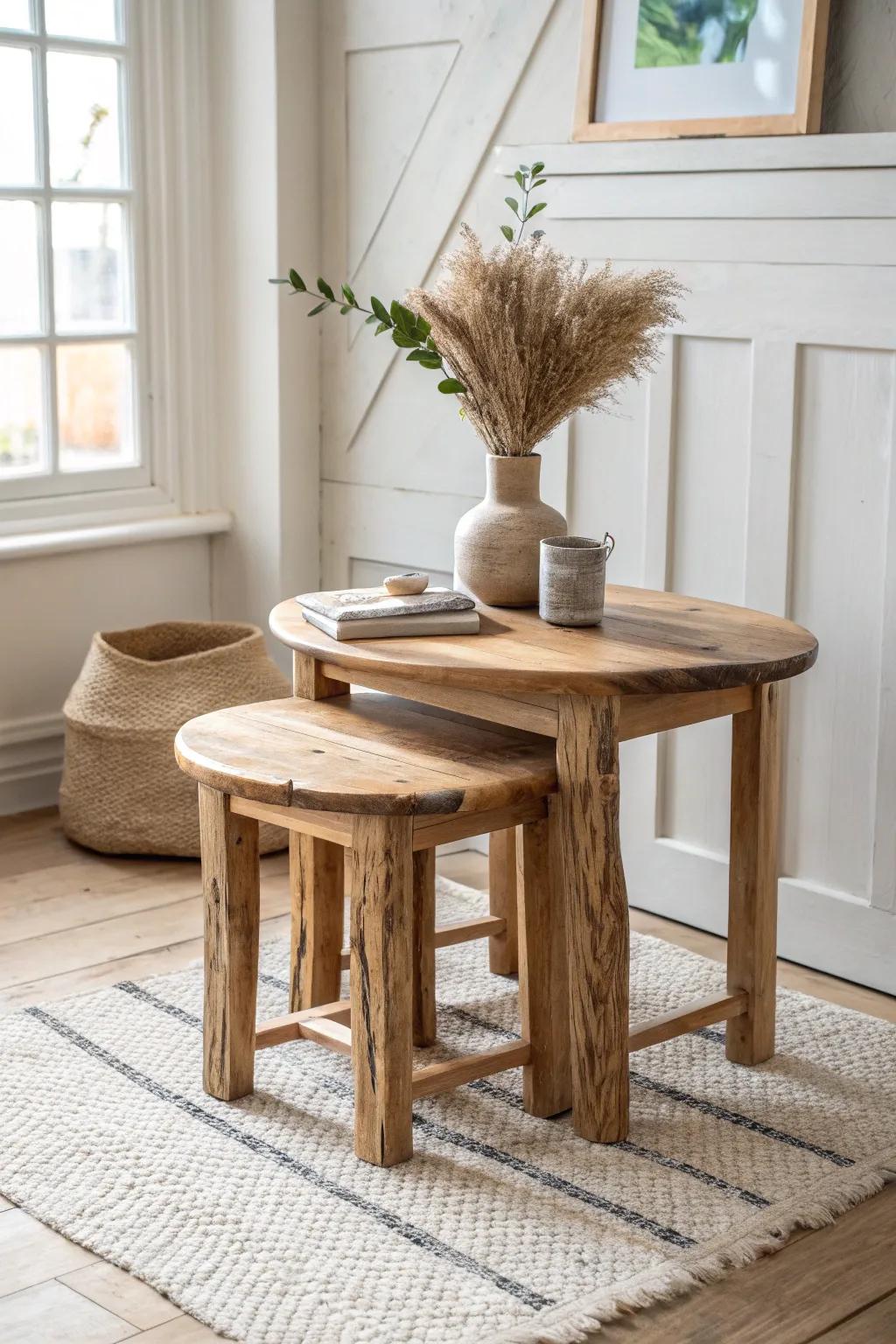 Two-height nesting live edge tables: flexible, airy, and beautifully matched natural edges.