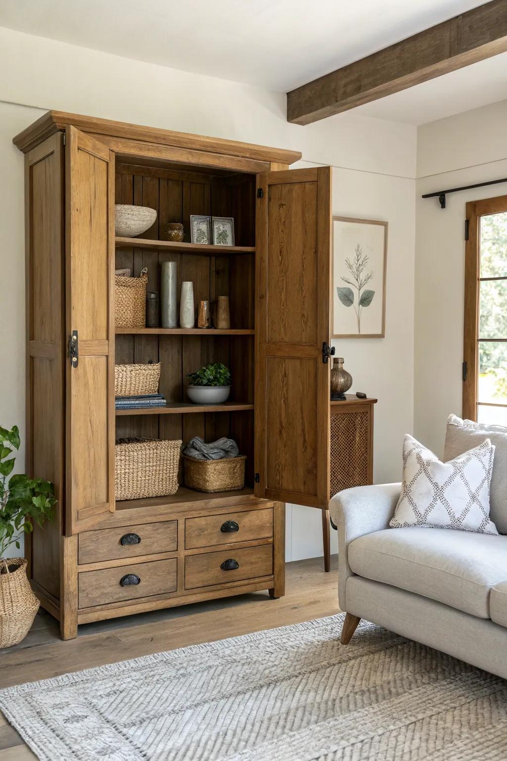Turn a deep armoire into a double-sided sofa-back divider—storage meets a styled display wall.