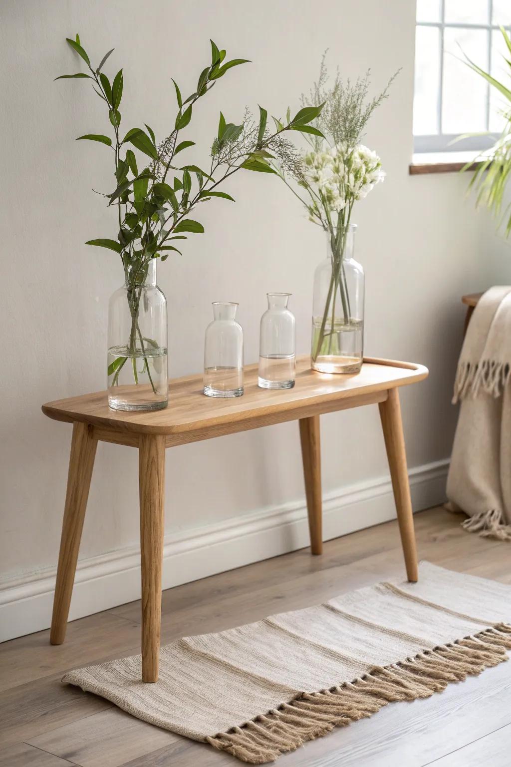 A mini propagation row of glass vases brings life and a little “science” to your sofa table.