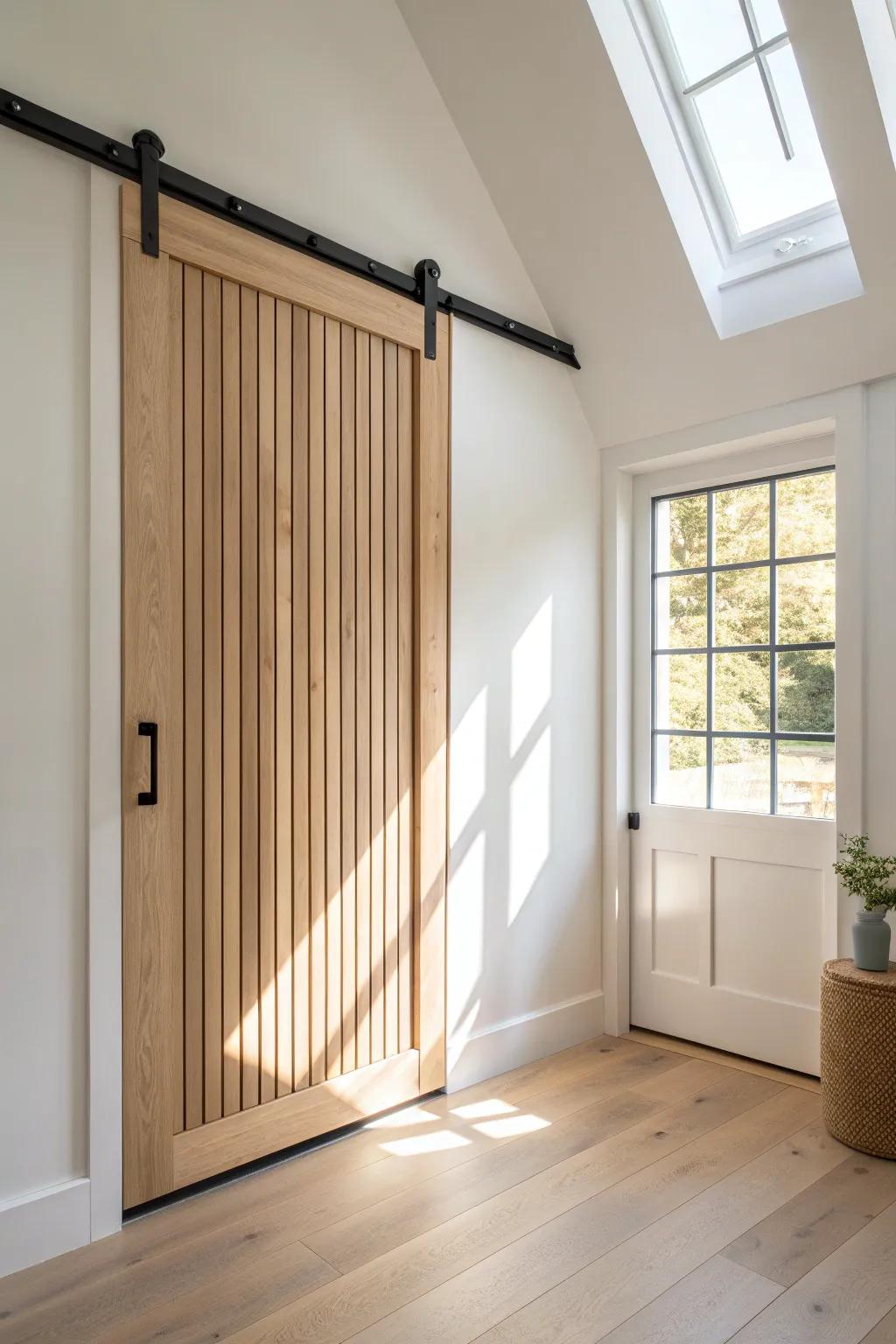 Sliding slatted wood panel turns the under-loft space into a chic hidden room entrance.
