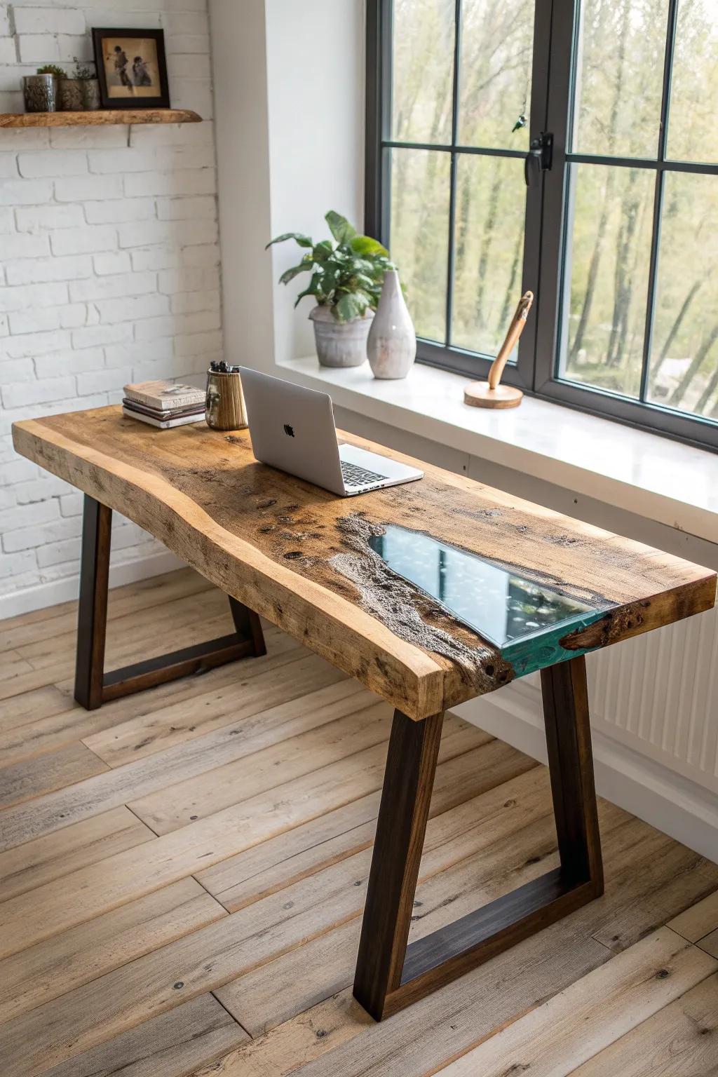 Rustic cabin offcuts meet a glassy resin river—one showstopping desk for a cozy log office.