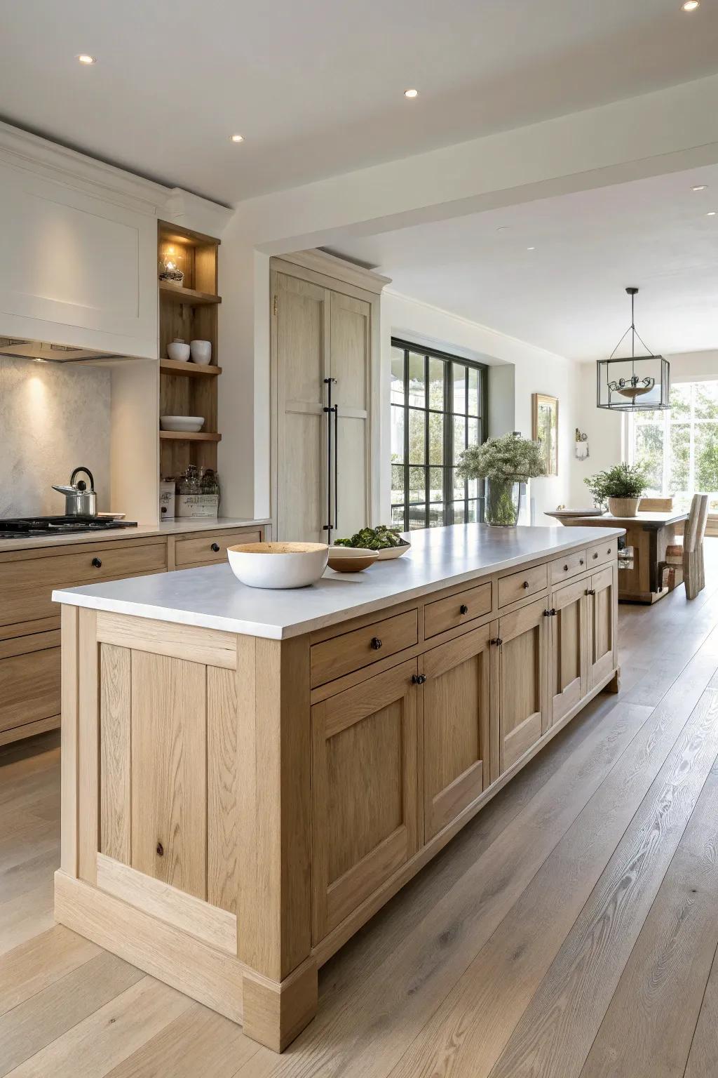 Two islands, one warm wood centerpiece—prep and serve zones that make long kitchens feel cozy.