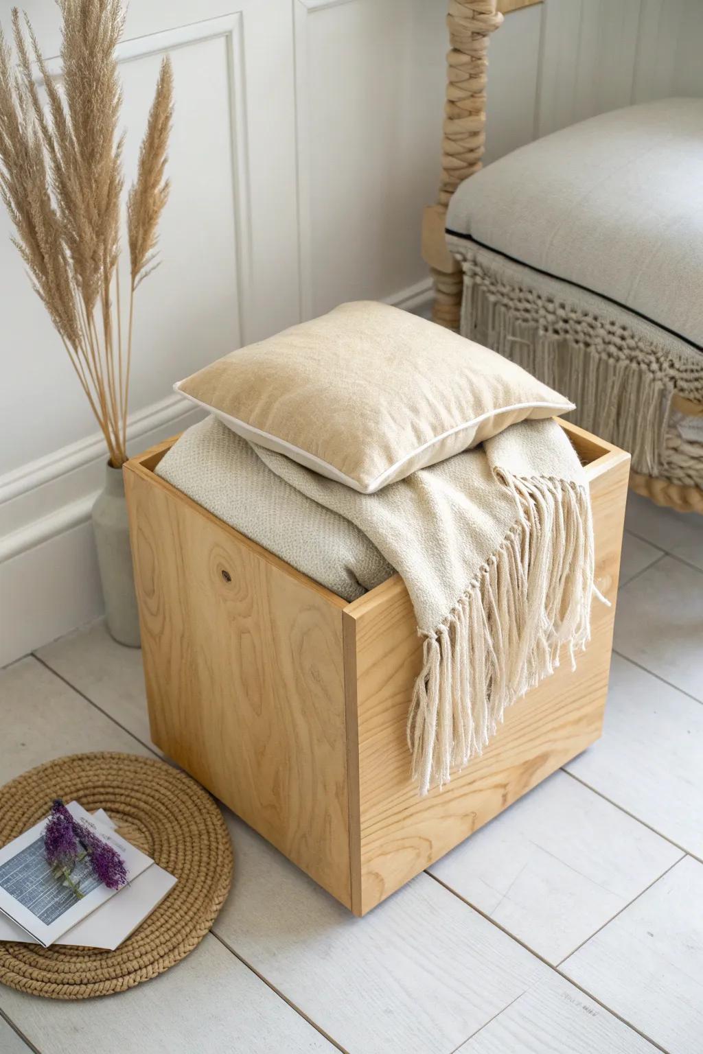 Modular birch cube seat with hidden storage—minimal, warm, and endlessly rearrangeable.