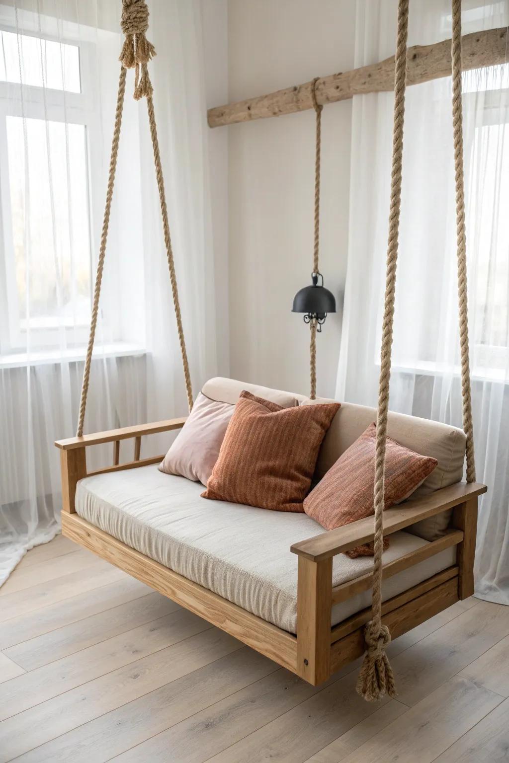A dreamy swing loveseat at the end of the bed—warm oak, linen ropes, and calm boho charm.