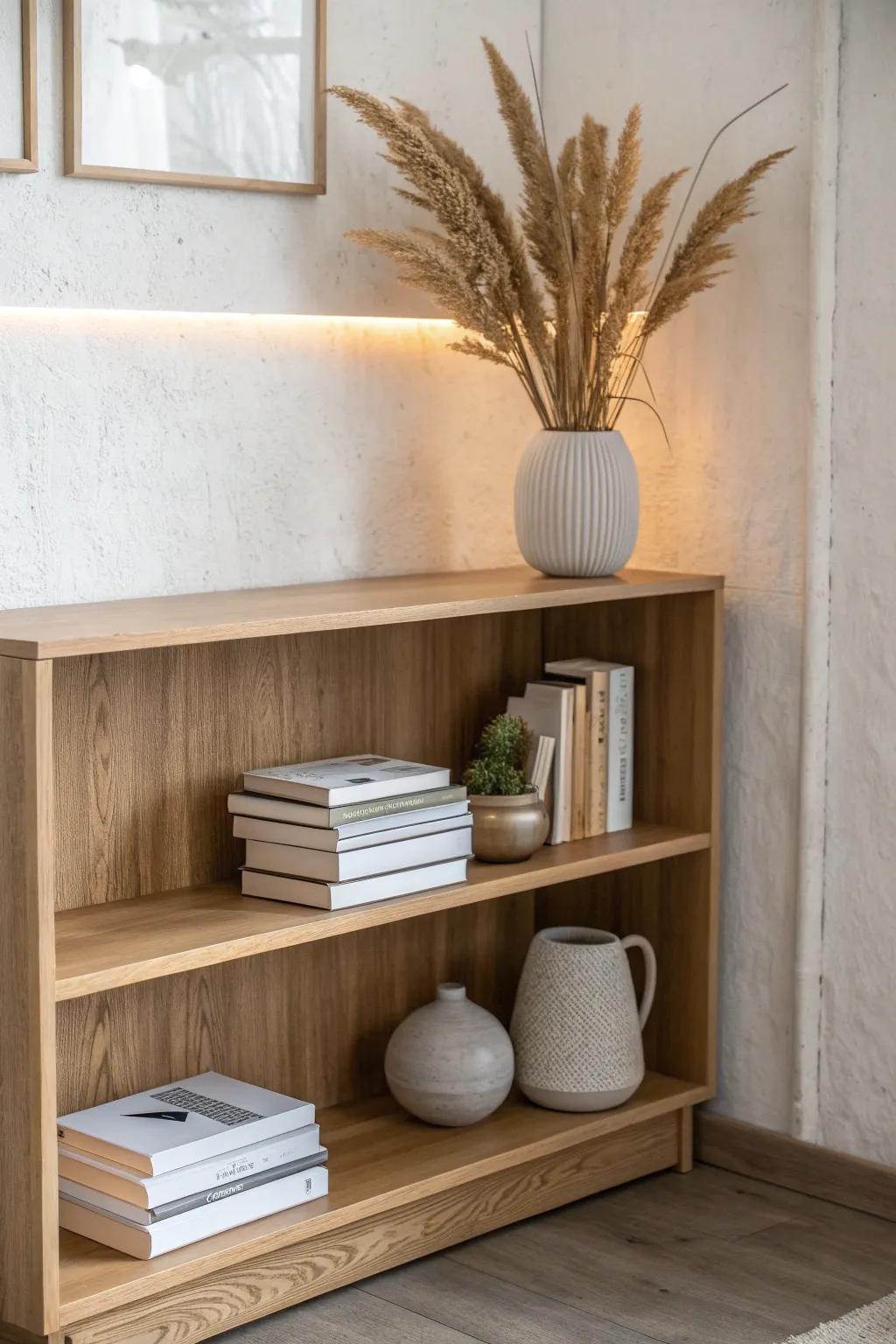 Low oak bookshelf with hidden LED glow—minimal, cozy, and makes your books look like art.