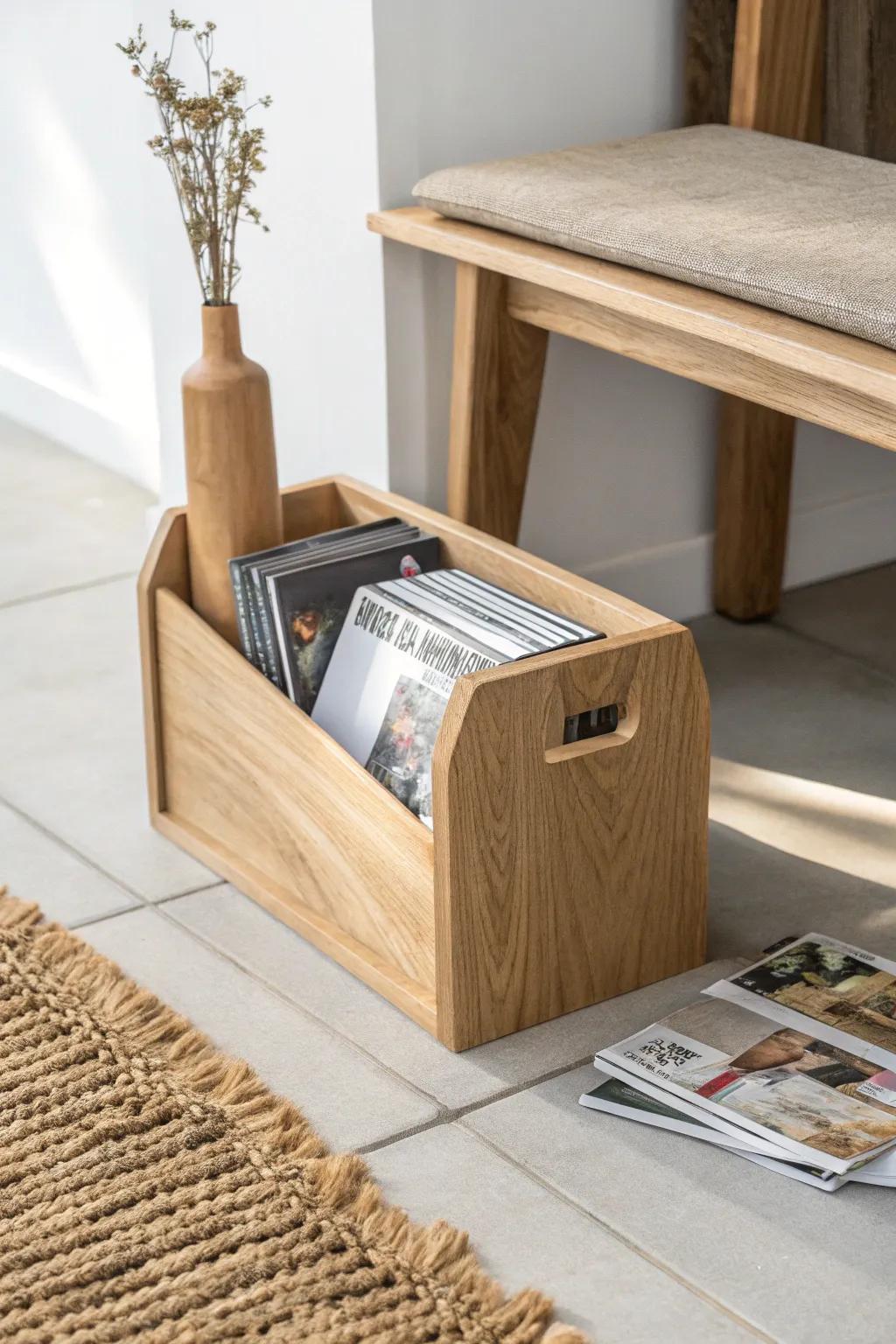 Turn bench dead space into sleek storage with under-bench wooden magazine files.