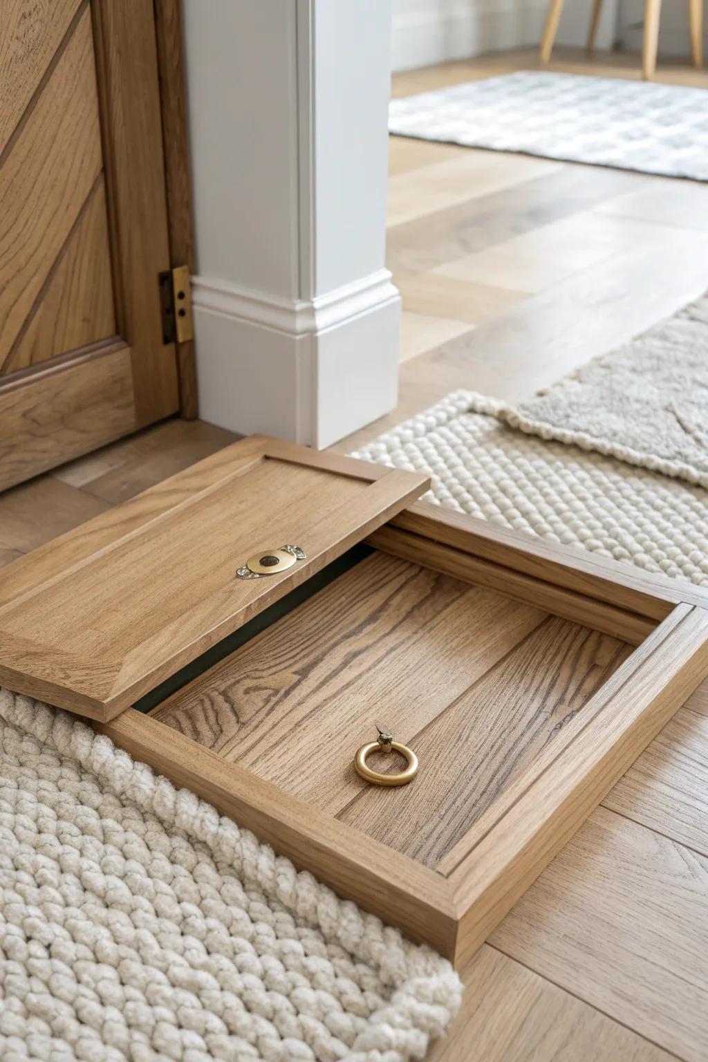 A woven rug hides a sleek oak floor hatch—secret storage with Scandinavian calm.