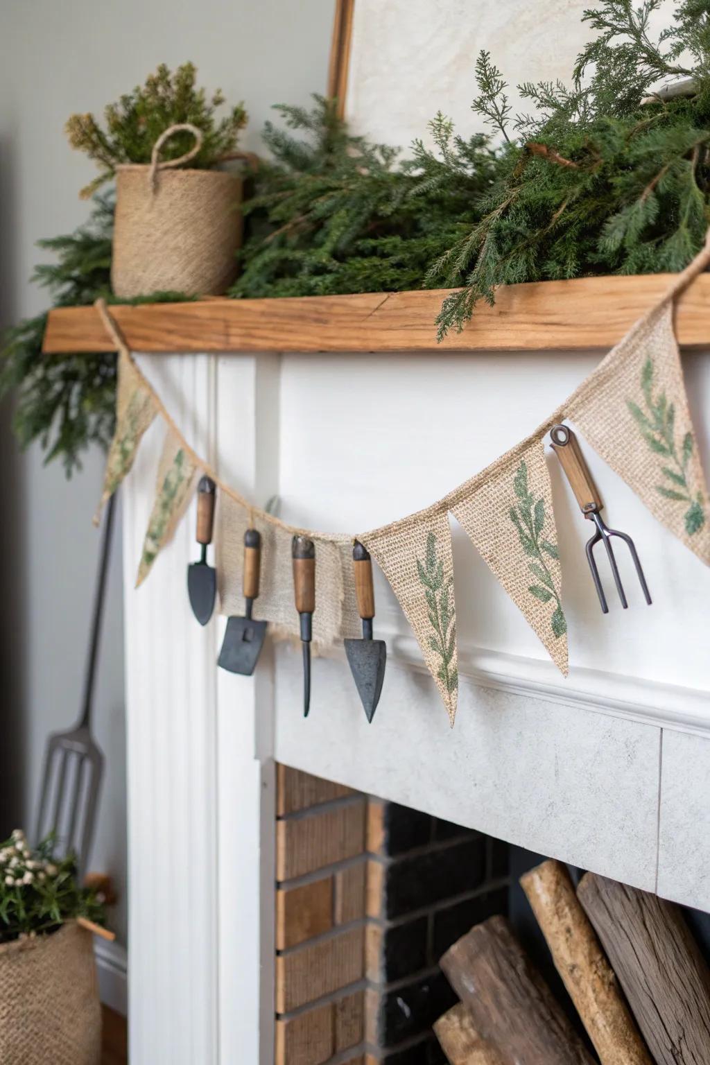 Twine-tied mini garden tools make a charming woodland mantle garland with rustic flair.