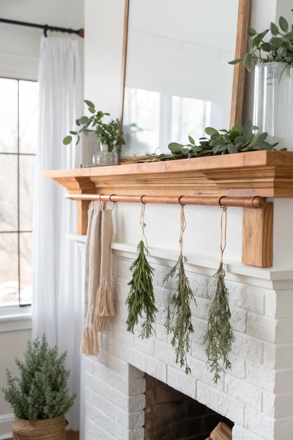 A copper rail above the mantel turns fresh greenery bundles into a simple, dramatic statement.